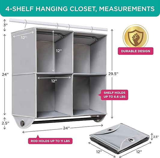 HOLDN’ STORAGE - 4 Shelf Hanging Closet Organizer with Metal Rod - Bamboo Inserted, Holds up to 24 pounds - 24” W x 12” D x 29.5”H - Perfect for College Dorms & RV Hanging Organizer