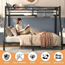 Twin XL Over Queen Bunk Bed, Metal Bunk Bed Frame Heavy Duty Bunk Beds Loft Bed Frame with Ladder and Guardrail Metal Slats No Box Spring Required for Adults Teens, Black