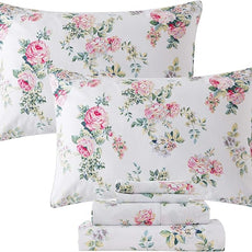 FADFAY Sheets Set King Pink Rose Floral Bed Sheet Set Vintage Farmhouse Bedding 100% Cotton Ultra Soft Breathable Bedding with Deep Pocket Fitted Sheet 4Pcs, King Size