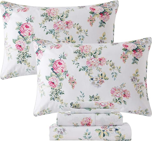 FADFAY Sheets Set Queen Pink Rose Floral Shabby Peony Flower Bed Sheet Set Vintage Farmhouse 100% Cotton Ultra Soft Breathable With Deep Pocket Fitted Sheet 4Pcs, Queen Size