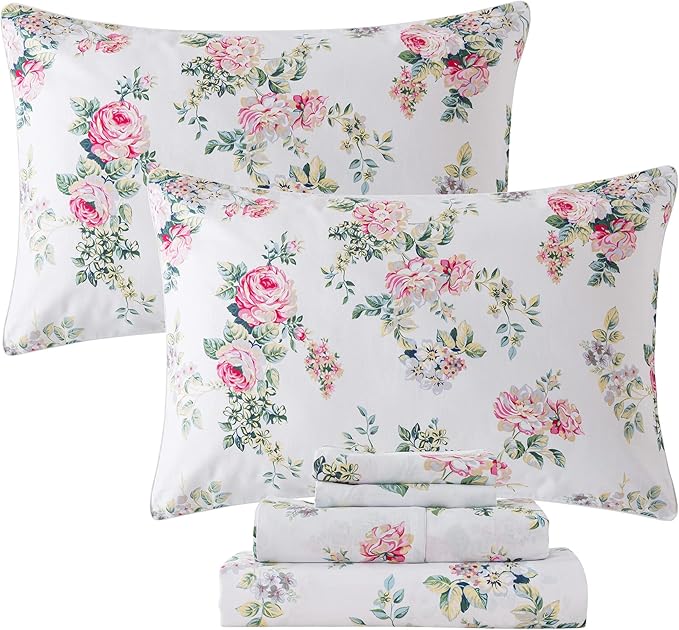 FADFAY Full Size Sheets Set - Pink Rose Floral Shabby Peony Flower Bed Sheet - Vintage Farmhouse 100% Cotton Ultra Soft Breathable Bedding With Deep Pocket Fitted Sheet, 4 Pieces