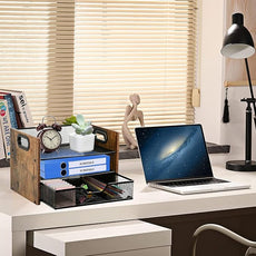 Wood Desk Organizer - 3-Tier Desktop File Organizer with Drawer, Wooden Paper Tray, Office Desk Organzier and Accessories for Papers, Mail, Notebooks, Stationery