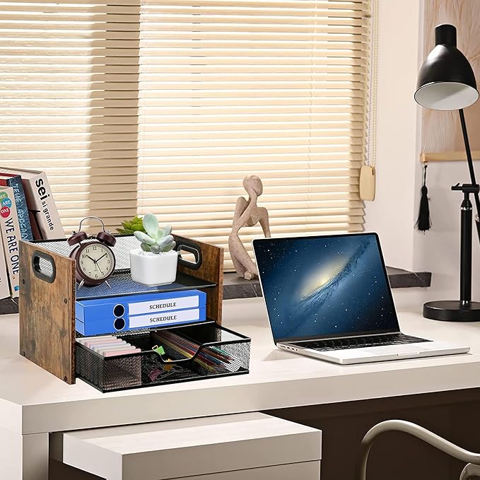 Wood Desk Organizer - 3-Tier Desktop File Organizer with Drawer, Wooden Paper Tray, Office Desk Organzier and Accessories for Papers, Mail, Notebooks, Stationery