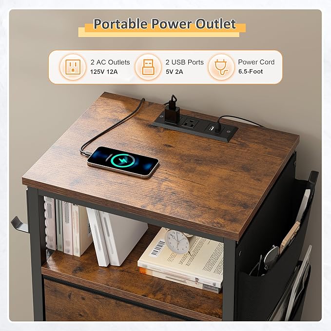 EnHomee Nightstand Set of 2, Night Stand with Charging Station & LED, Bedside Table with Fabric Drawers and Storage Shelf, Sturdy Steel Frame, Wood Top, Cloth Bags, Hooks, Brown