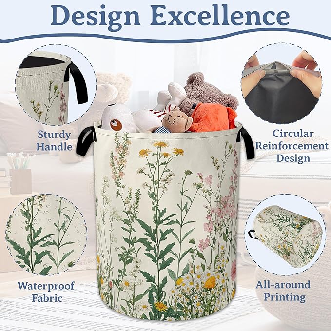 Wildflowers Laundry Hamper With Handle,Foldable Oxford Cloth Vintage Herb Flower Botanical Laundry Basket,20.8"x16" Clothes Storage Basket for Laundry Room/Bedroom/Bathroom