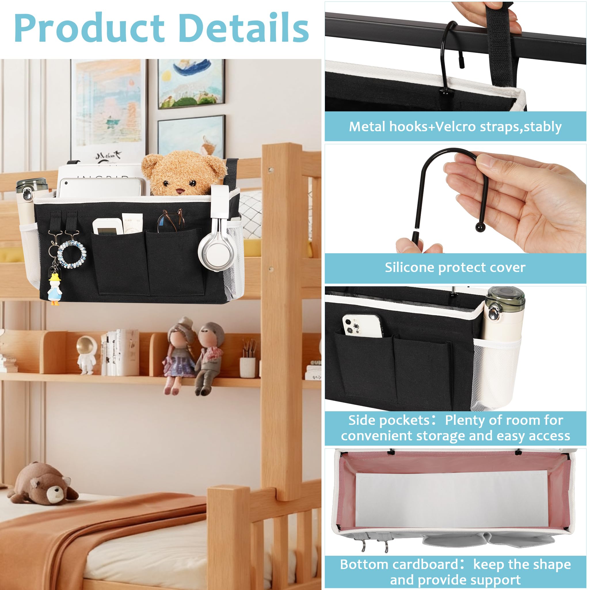 Loghot Bedside Caddy/Bedside Storage Bag Hanging Organizer for Bunk and Hospital Beds,Dorm Rooms Bed Rails,Can be Placed Glasses,Books,Mobile Phones,Keys (Light Pink) Dormly