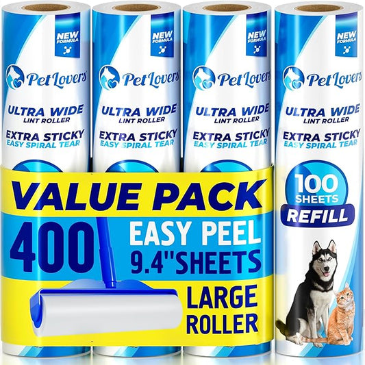 PetLovers Extra Sticky Floor Lint Roller 4 Pack of Refills Only - No Handles Included - 100 Sheets Per Refill 400 Sheets Total