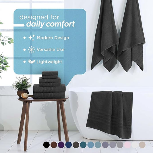 Martex 6-Piece Towel Set – Ultimate Performance – 100% Cotton – 2 Bath Towels – 2 Hand Towels – 2 Wash Cloths – Versatile – Low-Linting – Supersoft & Absorbent Bathroom Set – Easy Care – Black