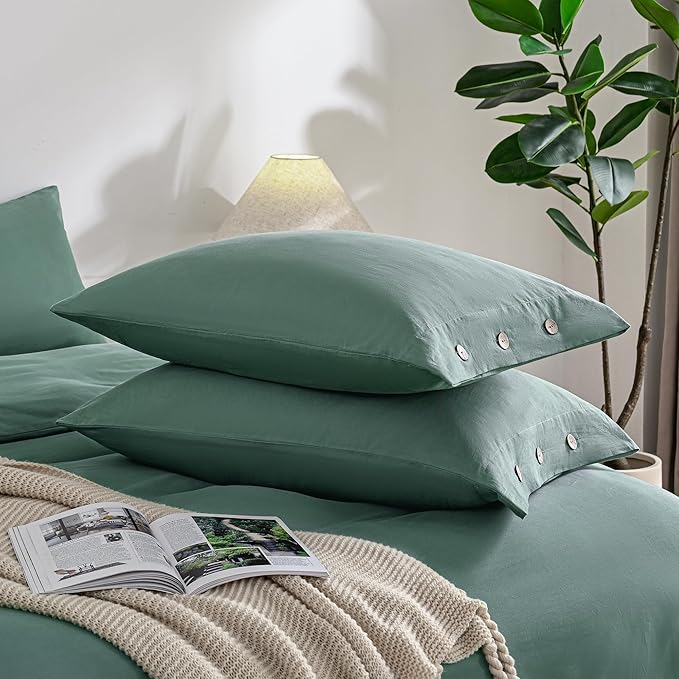 JELLYMONI Pillowcases King Set of 2 Cotton Button Pillow Covers 20×36in Dark Green Bed Pillow Cases 100% Washed Cotton Soft Breathable (Pillows are not Included)