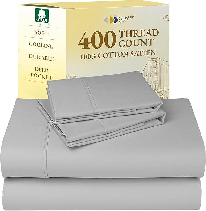 California Design Den Natural 100% Cotton Sheets, Full Size Sheets Set, 400 Thread Count Sateen Bedding, Deep Pockets with All-Around Elastic for a Snug Fit, Durable Bed Set - Light Grey CaliforniaDesignDen