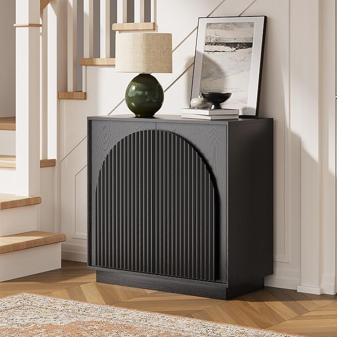 win2win Fluted Sideboard Buffet Cabinet with Storage, 31.5" Modern Accent Cabinet with Double-Layered Arch Doors, Small Wood Console Credenza for Living Room, Dining Room, Entryway, Black, 2PCS