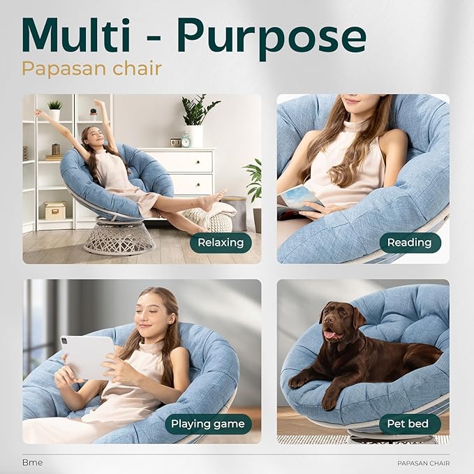 Bme 40" Ergonomic Wicker Papasan Chair with Soft Thick Density Fabric Cushion, High Capacity Steel Frame, 360 Degree Swivel for Living, Bedroom, Reading Room, Lounge, Serene Oasis - White Base
