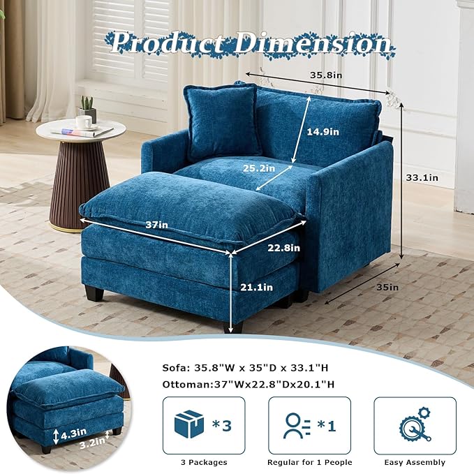 SoarFlash Chenille Sectional Sofa Ottoman,Blue