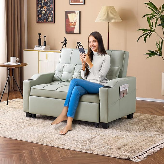 VINGLI Light Green Futon Sofa Bed Convertible Loveseat Sleeper Couch, Faux Leather Pullout Sofa Fold Out Couch Bed with USB Ports, Cup Holders, Armrest for Living Room, Bedroom Apartment Room