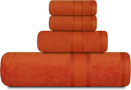 Casa Lino 4 Piece Bath Towel Set | 1 Bath Towel, 2 Wash Cloth, 1 Hand Towels | Bathroom Essentials for New Home, 100% Cotton Luxury Towels, Highly Absorbent Bathroom Set, Coral Orange.