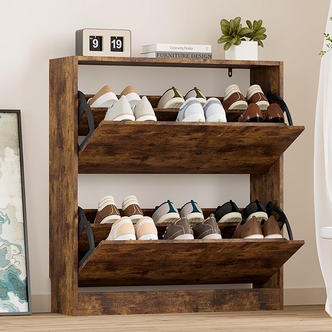 Shoe Cabinet with 2 Flip Drawers, Slim Narrow Shoe Storage Cabinet, Freestanding Shoe Organizer with Adjustable & Removable Shelves, Top Display Shelf for Entryway, Hallway, Foyer, Closet