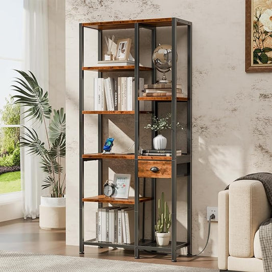 Furologee 6 Tier Bookshelf with USB Ports and Power Outlet, Book Shelf with Charging Station, Bookcase with Drawer, Storage Shelves for Bedroom, Home Office, Living Room, Bathroom, Rustic Brown