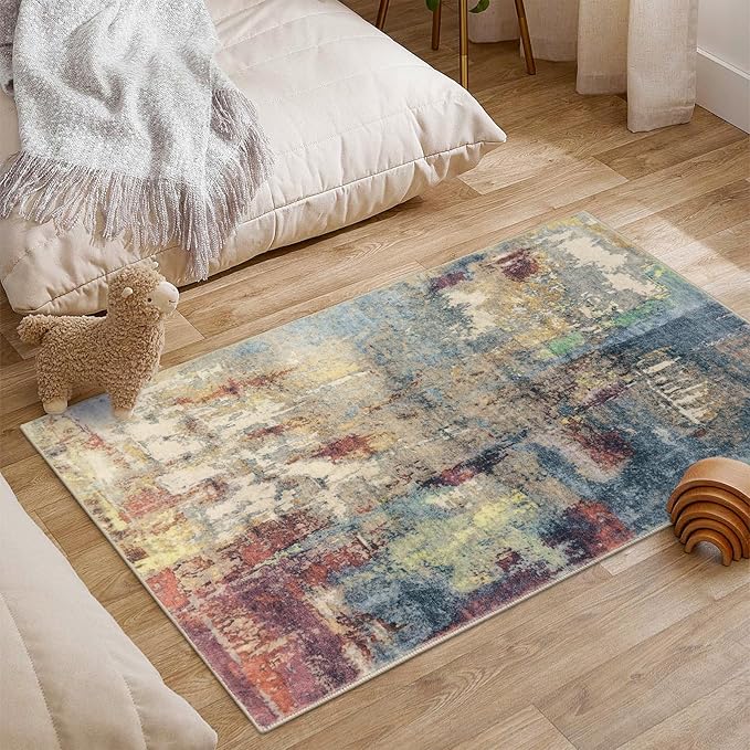 Lahome Modern Abstract Area Rug - 2x3 Washable Small Entryway Rug for Kitchen Non-Slip Front Doormat, Contemporary Faux Wool Soft Floor Indoor Carpet for Bathroom,Red/Multi