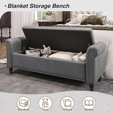55 Inch Bedroom Bench, End of Bed Bench with Storage, Bed Benches for Foot of Bed, Faux Leather Window Bench with Rolled Arms, Upholstered Storage Bench with Tufted Button and Nailhead Trim, Gray