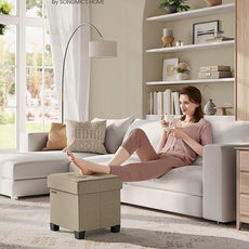 SONGMICS Storage Ottoman, Small Ottoman Foot Rest with Legs, 15 x 15 x 15.7 Inches Foot Stool, Load up to 660 lb, for Living Room, Bedroom, Dorm, Camel Brown ULSF014K01