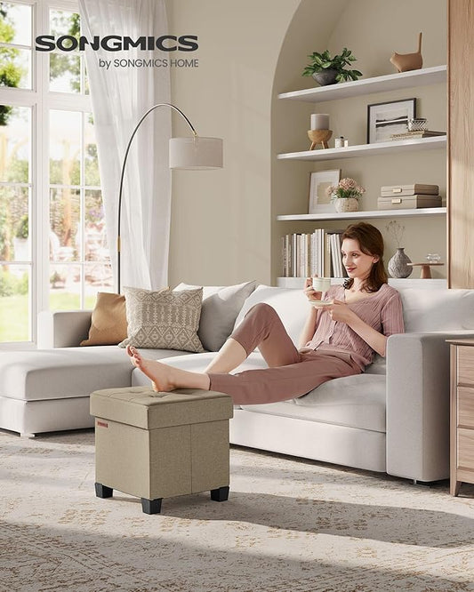 SONGMICS Storage Ottoman, Small Ottoman Foot Rest with Legs, 15 x 15 x 15.7 Inches Foot Stool, Load up to 660 lb, for Living Room, Bedroom, Dorm, Camel Brown ULSF014K01