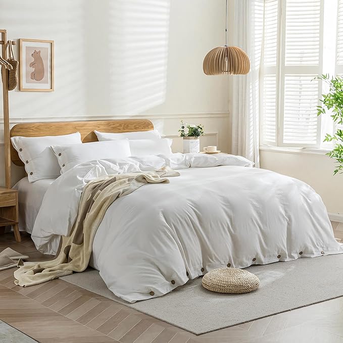 JELLYMONI Cotton Duvet Cover Twin XL Size - Bright White Comforter Cover with Button 100% Washed Cotton 2PCS Breathable Soft Solid Bedding Set Duvet Cover 66×92in & 1 Pillowcase (NO Comforter)