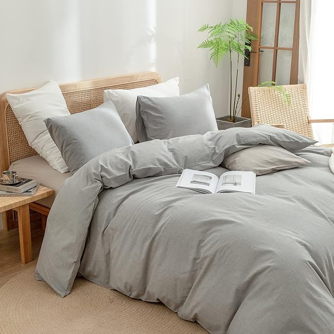 BESTOUCH Duvet Cover Set 100% Washed Cotton Linen Feel Super Soft Comfortable Chic Lightweight 3 PCs Home Bedding Set Solid Light Grey Queen