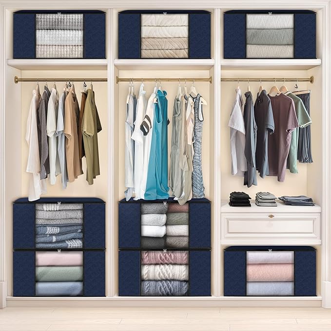 Fab totes Storage Bags,Clothes Blanket Storage Bins Foldable Closet Organizers with Reinforced Handle for Home Dorm Storage and Organization,Fabric Bags for Organizing Sheets,Clothing (Blue,10 Pack)