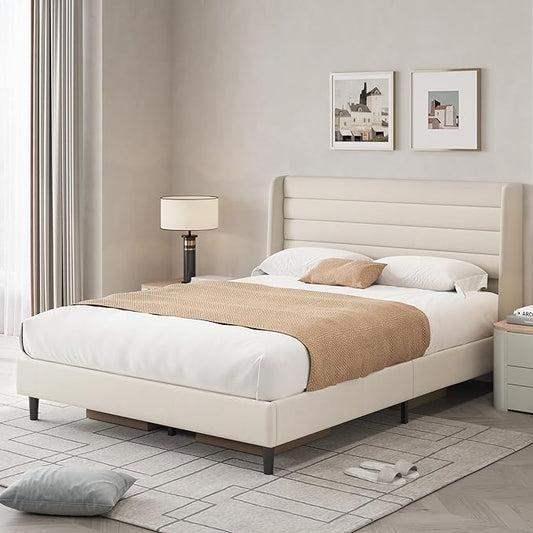 Queen Bed Frame with Upholstered Headboard, Velvet Platform Bedframe Mattress Foundation, Strong Wood Slat Support, No Box Spring Needed, Easy Assembly, Pale Beige