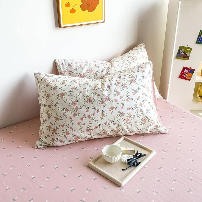 HIGHBUY Soft Cotton White Duvet Cover Queen with Pink Floral Print,Garden Style Botanical Comforter Zipper Closure,Cottagecore Set -1 Cover,2 Pillowcases, Queen(90''x90''), (HB03641Q)