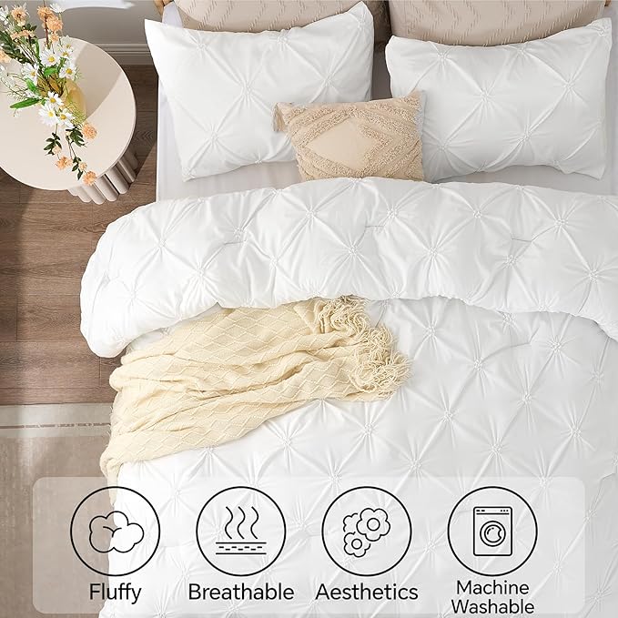BEDELITE White Twin Comforter Set - 2 Peices Boho Pintuck Bedding Comforter Sets, Lightweight Soft & Warm Twin Bedding Sets with 1 Pillowcase for All Season
