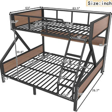 Queen over King Bunk Bed with Storage Shelves, Metal Bunk Beds with Ladders and LED Lights, Heavy-duty Bunkbed for Bedrooms, Guest Rooms and Dorms, No Box Spring Needed and Noise-free Design, Black