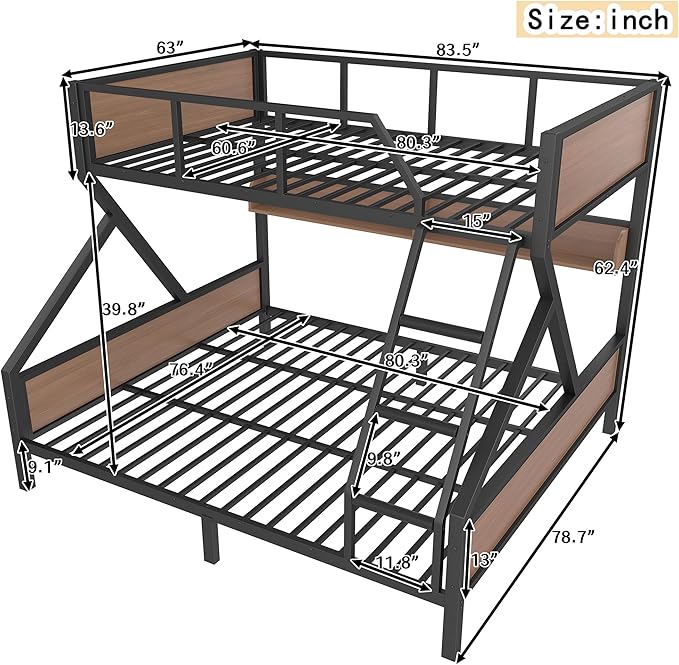 Queen over King Bunk Bed with Storage Shelves, Metal Bunk Beds with Ladders and LED Lights, Heavy-duty Bunkbed for Bedrooms, Guest Rooms and Dorms, No Box Spring Needed and Noise-free Design, Black