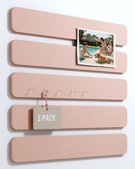 Cork Board Alternative Felt Strip Board 5-Pack 13"x2", Office Pin Board with 35 Push Pins, Adhesive Install for Bedroom Door & Home Office(Pink)