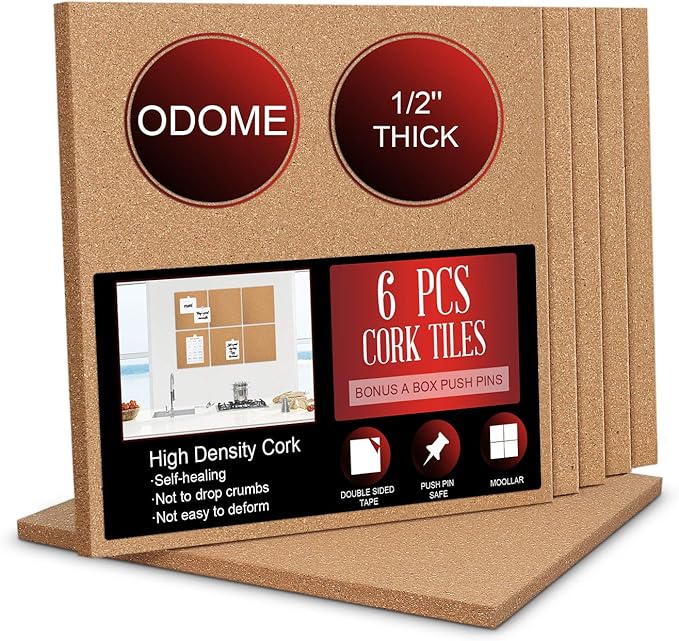 Cork Board Tiles 12”X 12” – 1/2” Thick Cork Board – Bulletin Board – Pin Board Decoration for Pictures,Ultra Strength Adhesive Backing – 6 Pieces Cork Boards for Walls – 1 Box Push Pins