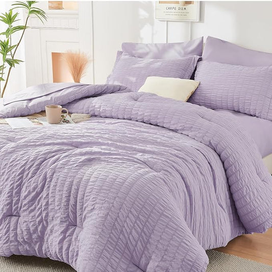 HYMOKEGE Lavender Queen Comforter Set Seersucker 7 Pieces, All Season Luxury Bed in a Bag for Bedroom, Bedding Set with Comforters, Sheets, Pillowcases & Shams