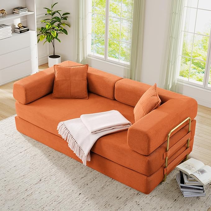 Antetek Convertible Futon Sofa Bed, 3-Seater Modern Corduroy Foam Floor King Size Bed Fold Out Sleeper Lounge Loveseat Sofa Couch with 2 Throw Pillows for Living Room Bedroom Guest Room, Orange