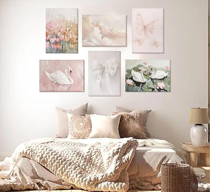 6Pcs Coquette Wall Art Pastel Pink Trendy Canvas Bow Posters White Swan Preppy Painting Butterfly Pictures Aesthetic Floral Prints Nursery Wall Decor for Teen Girls Bedroom College Dorm Framed