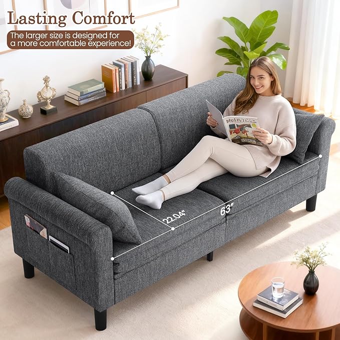 SEJOV 74" Convertible Sofa Bed, 5-in-1 Loveseat Sleeper Sofas with Pull Out Couch Bed, Storage Pockets & 2 Pillows, Modern Folding Linen Futon Couch for Living Room, Bedroom, Small Space, Dark Gray