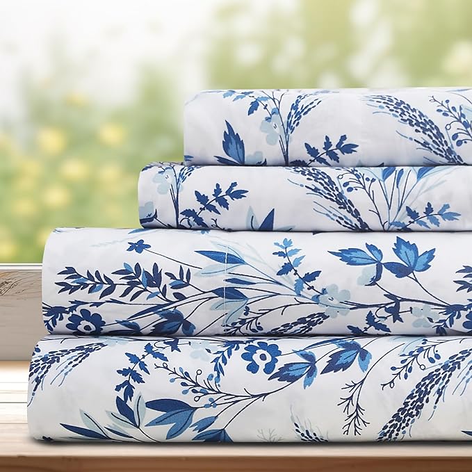 DREAMCARE Queen Size Sheets - Floral Sheets Queen Size Bed Set - 4pcs Queen Sheet Set - Cooling Bed Sheets - Queen Size Sheet Sets - Soft & Long Lasting 100% Brushed Floral Bed Set - Floral Blue DREAMCARE