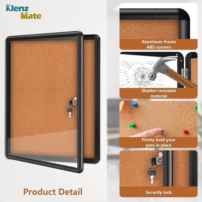 26"x20" Enclosed Cork Bulletin Board Tamper-Proof Dispaly Case,Aluminium Frame,Shatter Resistant Lockable Bulletin Board with Clear Acrylic Door for School,Office,Mall,Community,Hospital