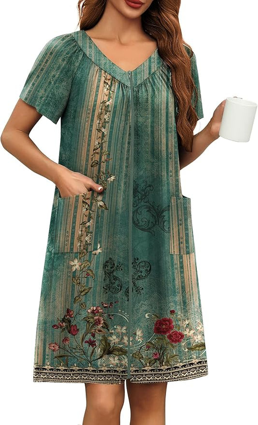 Ekouaer Women Robe Zipper Front Mumu Duster Robes Zip Up Housecoat Soft Sleepwear with Pockets