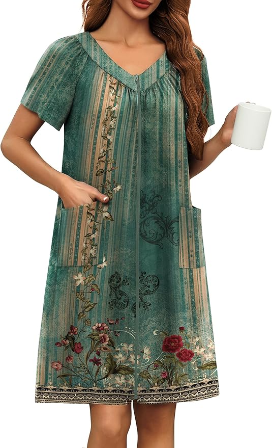 Ekouaer Women Robe Zipper Front Mumu Duster Robes Zip Up Housecoat Soft Sleepwear with Pockets