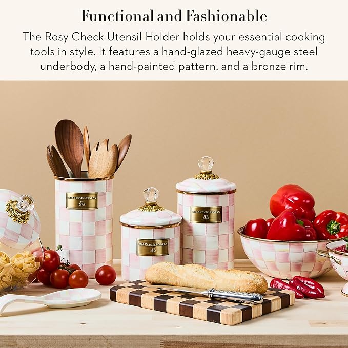 MACKENZIE-CHILDS Enamel Utensil Holder, Kitchen Utensil Holder for Countertop, Storage Caddy, Pink-and-White Rosy Check