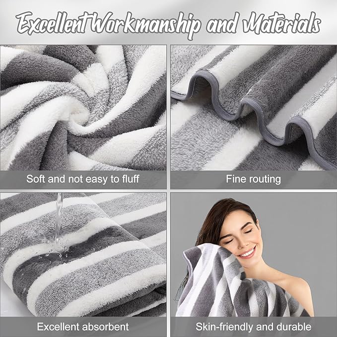 16 Pack Microfiber Bath Towels Bulk 27'' x 60'' Oversized Size Bath Towel Highly Absorbent Extra Large Soft Drying for Shower Beach Winter Salon Sport Gym Party (Stripes,Grey)