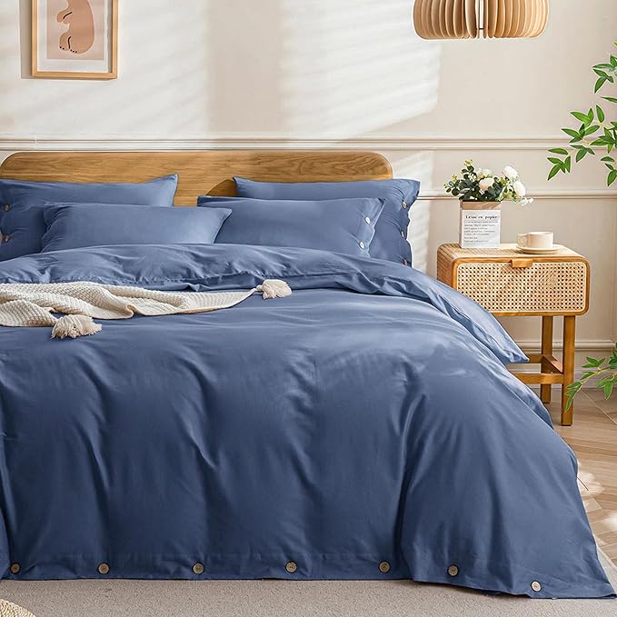 JELLYMONI Cotton Duvet Cover Cal King Size - Blue Comforter Cover with Button 100% Washed Cotton 3PCS Breathable Soft Solid Bedding Set Duvet Cover 104×98in & 2 Pillowcases (NO Comforter)
