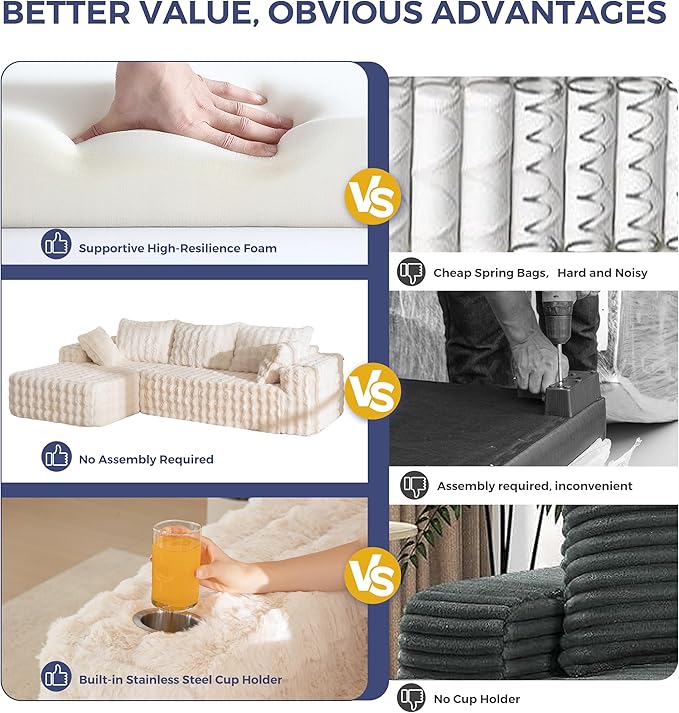 MAXYOYO 104" Modular Sectional Couch with L-Shape Chaise, Modern Boneless Couch for Living Room, Sofa in A Box, Faux Fur Sofa Sleeper with Deep Seat, No Assembly Required, Beige