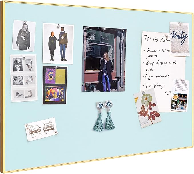 Bulletin Board 30 x 20 inches, Light Blue Pin Board, Golden Aluminum Framed Fabric Cork Board with 10 Push Pins
