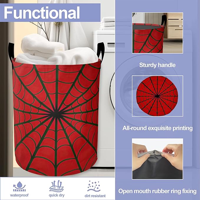 Red Spider Web Laundry Basket-Large Foldable Hamper Holder Portable Tall Collapsible Laundry Hamper Storage Basket Bin with Handles, Canvas & Waterproof lining for Household Items