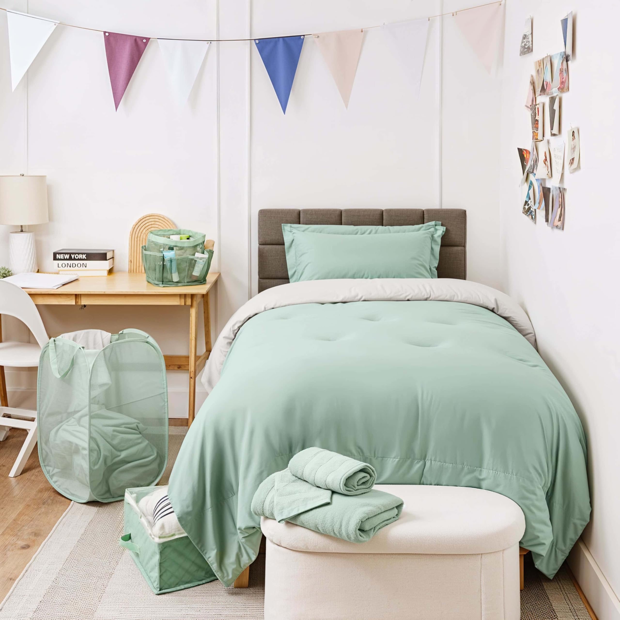 Hearth & Harbor Complete Dorm Room Set, Twin XL Comforter Set, Sheet Set, Mattress Protector, Towels and Organizers - All Dorm Accessories Included Dormly
